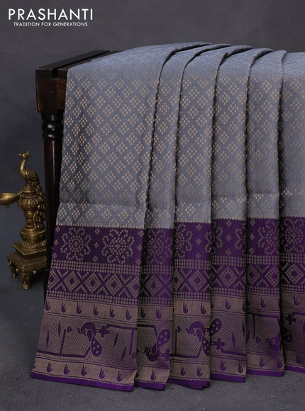 Kanchipuram soft silk saree grey and violet with allover zari woven brocade weaves and long zari woven border