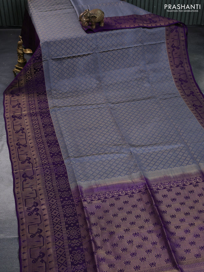 Kanchipuram soft silk saree grey and violet with allover zari woven brocade weaves and long zari woven border