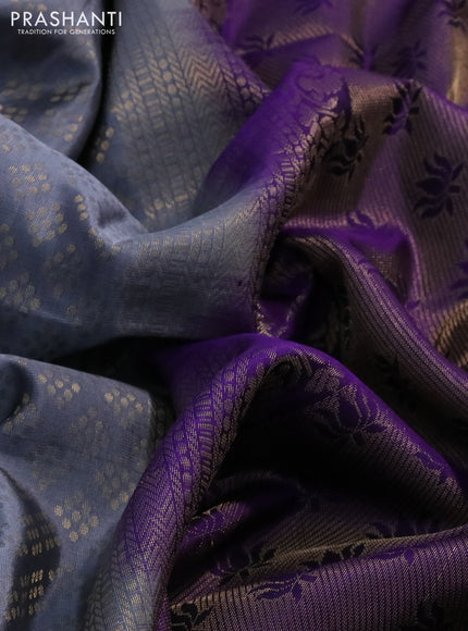 Kanchipuram soft silk saree grey and violet with allover zari woven brocade weaves and long zari woven border