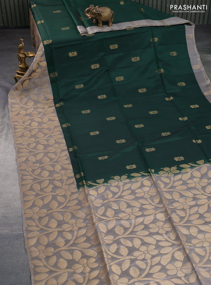 Kanchipuram soft silk saree dark green and grey with floral zari woven buttas and long zari woven border