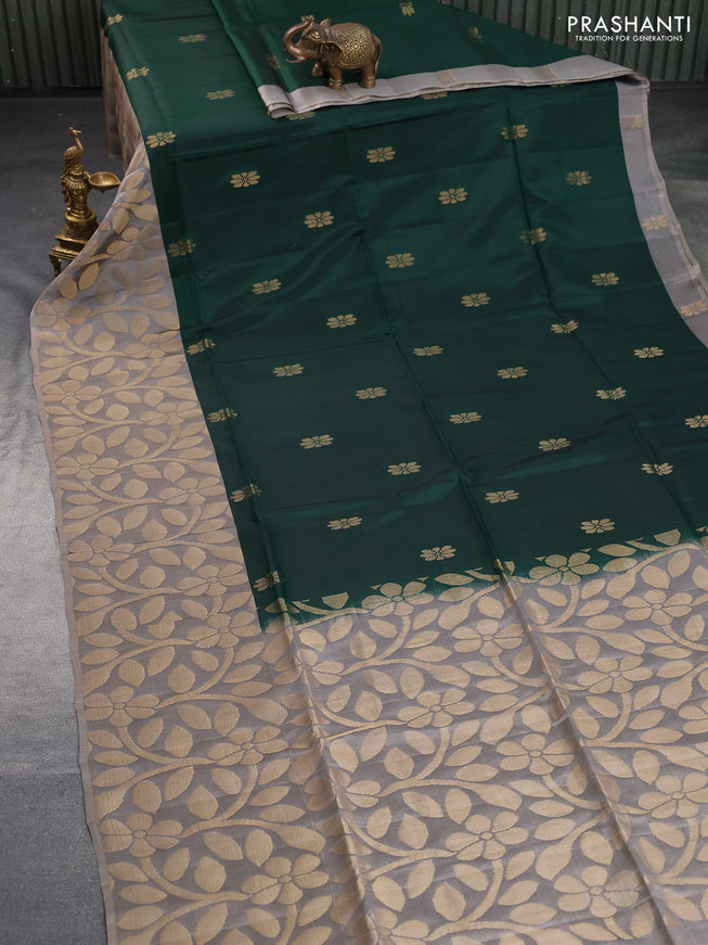 Kanchipuram soft silk saree dark green and grey with floral zari woven buttas and long zari woven border