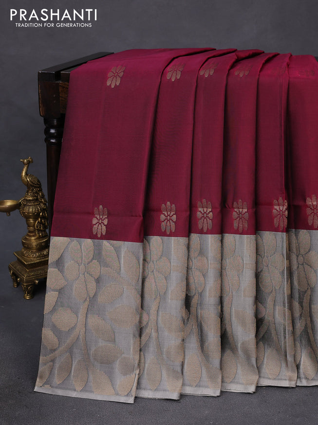 Kanchipuram soft silk saree dark magenta pink and grey with floral zari woven buttas and long zari woven border