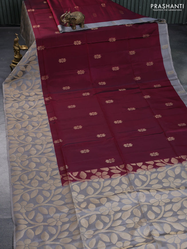 Kanchipuram soft silk saree dark magenta pink and grey with floral zari woven buttas and long zari woven border