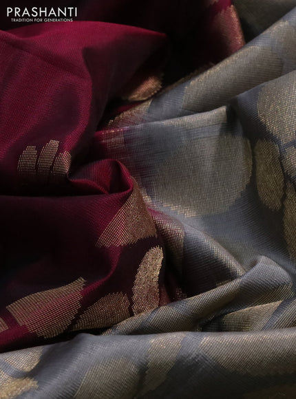 Kanchipuram soft silk saree dark magenta pink and grey with floral zari woven buttas and long zari woven border