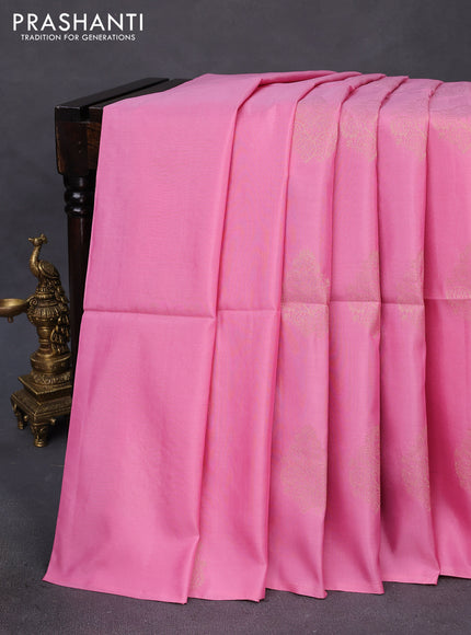 Kanchipuram soft silk saree light pink and green shade with zari woven buttas in borderless style