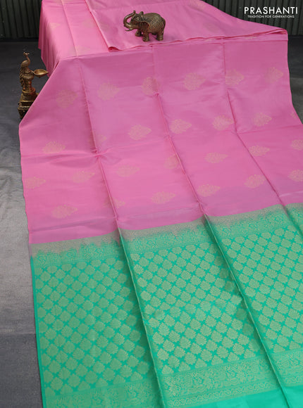 Kanchipuram soft silk saree light pink and green shade with zari woven buttas in borderless style