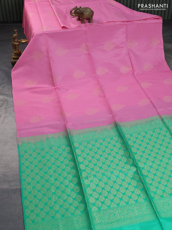 Kanchipuram soft silk saree light pink and green shade with zari woven buttas in borderless style