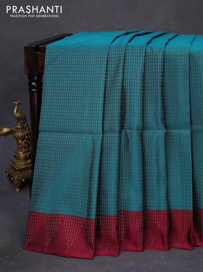 Kanchipuram soft silk saree peacock green and maroon with allover zari woven butta weaves and zari woven border