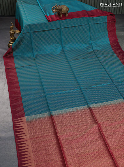 Kanchipuram soft silk saree peacock green and maroon with allover zari woven butta weaves and zari woven border