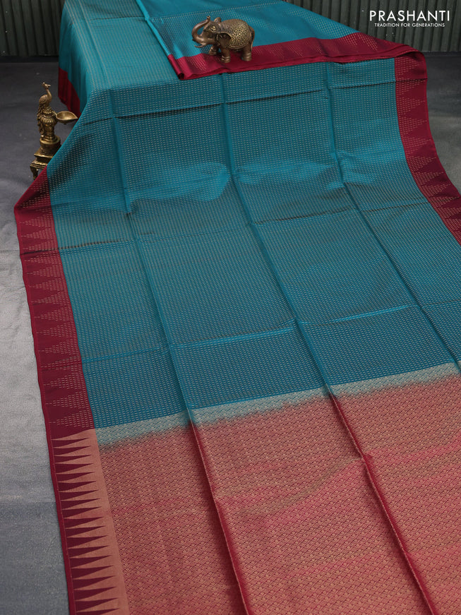 Kanchipuram soft silk saree peacock green and maroon with allover zari woven butta weaves and zari woven border