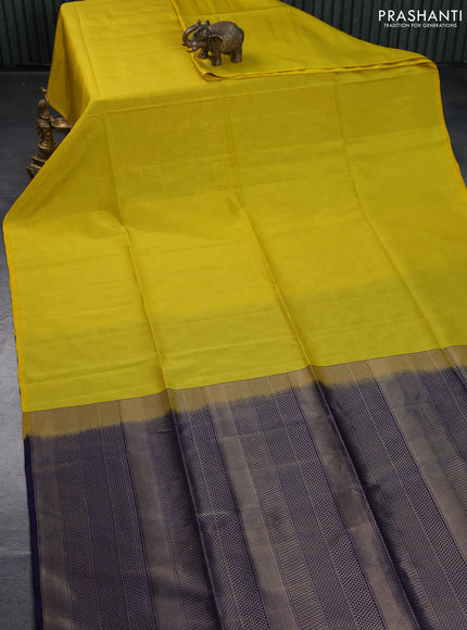 Kanchipuram soft silk saree lime yellow and navy blue with allover zari weaves in borderless style