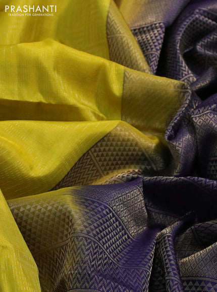 Kanchipuram soft silk saree lime yellow and navy blue with allover zari weaves in borderless style