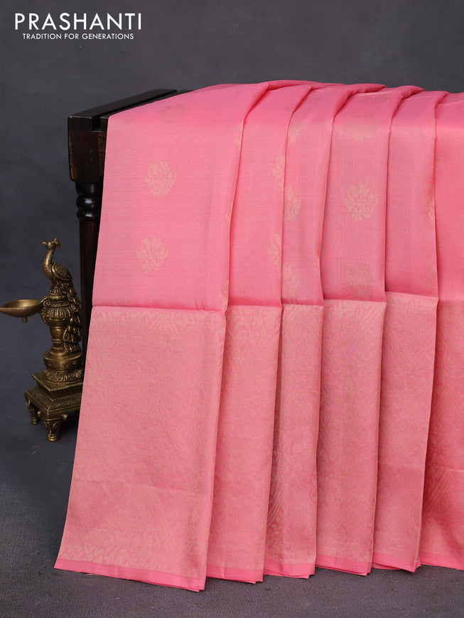 Kanchipuram soft silk saree peach pink and green with zari woven buttas and long zari woven border