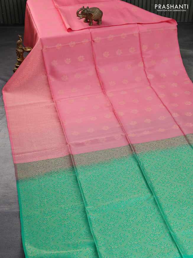 Kanchipuram soft silk saree peach pink and green with zari woven buttas and long zari woven border