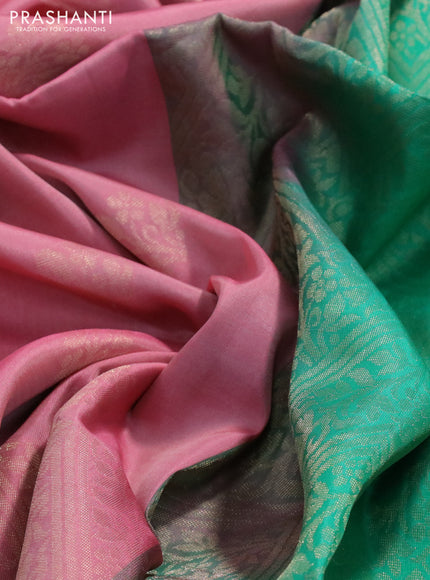 Kanchipuram soft silk saree peach pink and green with zari woven buttas and long zari woven border