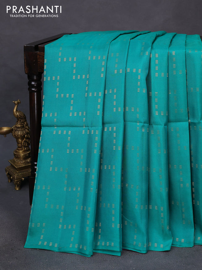 Kanchipuram soft silk saree teal green and purple with allover zari weaves in borderless style