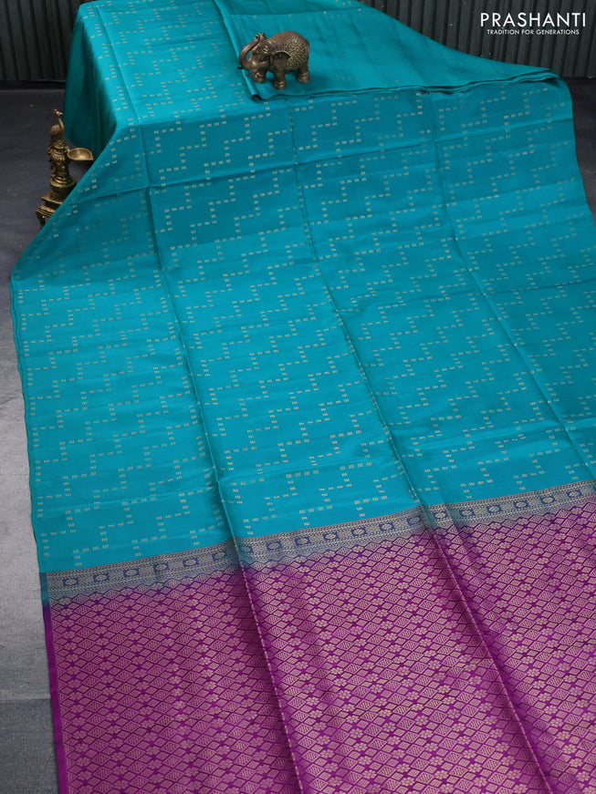 Kanchipuram soft silk saree teal green and purple with allover zari weaves in borderless style