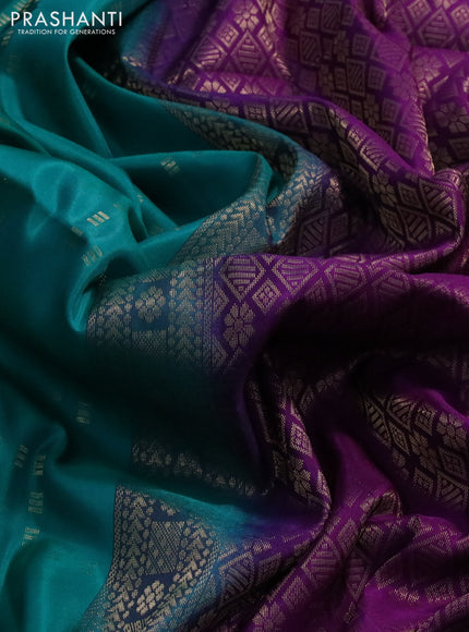 Kanchipuram soft silk saree teal green and purple with allover zari weaves in borderless style