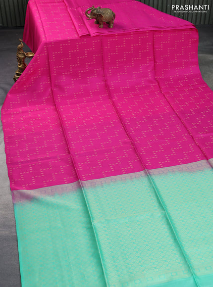 Kanchipuram soft silk saree pink and teal green with allover zari weaves in borderless style