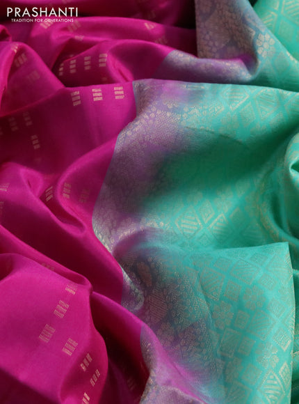 Kanchipuram soft silk saree pink and teal green with allover zari weaves in borderless style