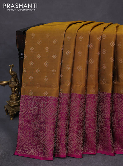 Kanchipuram soft silk saree dark mustard and dark magenta pink with zari woven buttas and long zari woven border