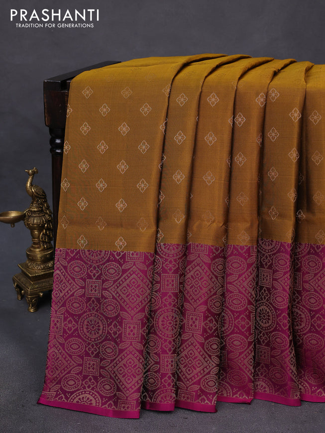 Kanchipuram soft silk saree dark mustard and dark magenta pink with zari woven buttas and long zari woven border