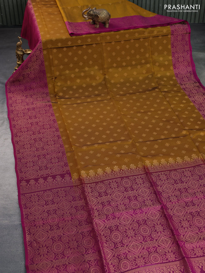 Kanchipuram soft silk saree dark mustard and dark magenta pink with zari woven buttas and long zari woven border