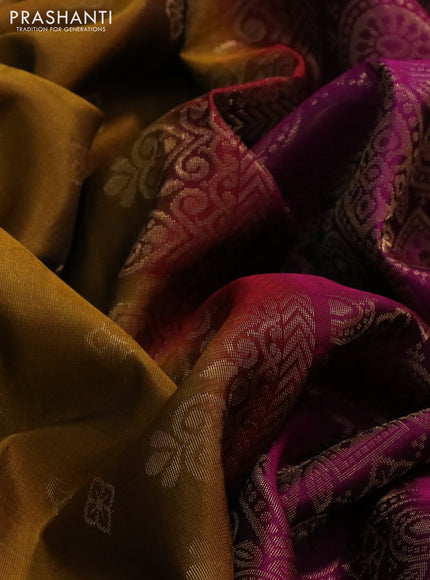 Kanchipuram soft silk saree dark mustard and dark magenta pink with zari woven buttas and long zari woven border