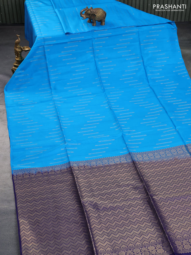 Kanchipuram soft silk saree cs blue and dark blue with zari woven buttas in borderless style