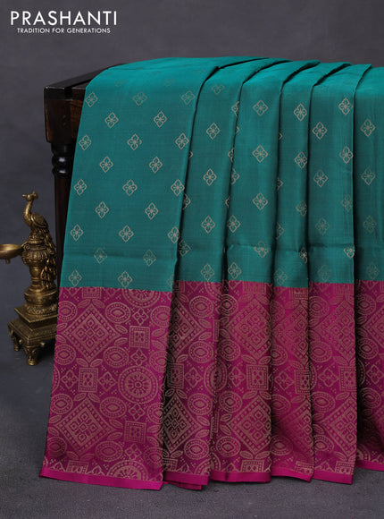 Kanchipuram soft silk saree teal green and purple with allover zari woven buttas and long zari woven border