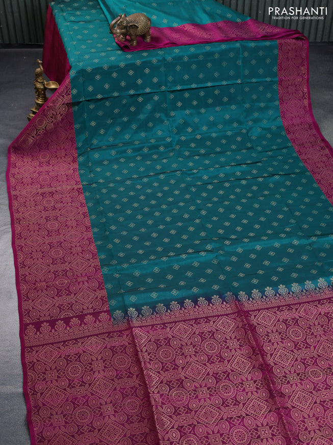 Kanchipuram soft silk saree teal green and purple with allover zari woven buttas and long zari woven border