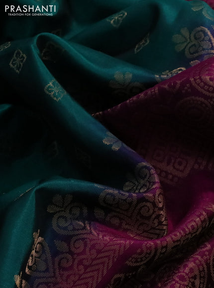 Kanchipuram soft silk saree teal green and purple with allover zari woven buttas and long zari woven border