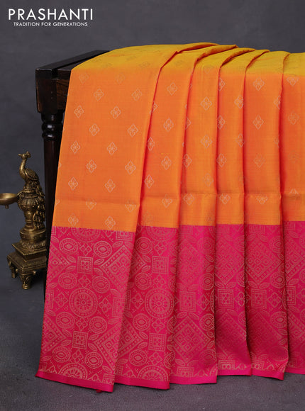 Kanchipuram soft silk saree dual shade of mango yellow and pink with allover zari woven buttas and long zari woven border