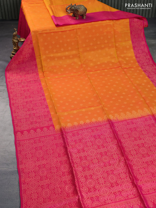 Kanchipuram soft silk saree dual shade of mango yellow and pink with allover zari woven buttas and long zari woven border