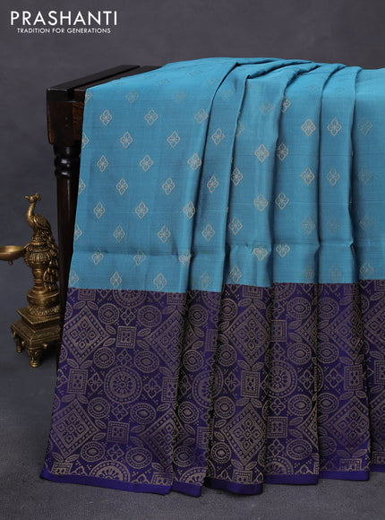 Kanchipuram soft silk saree peacock blue and blue with allover zari woven buttas and long zari woven border