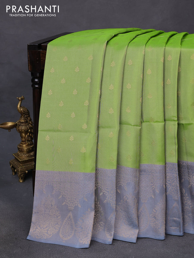 Kanchipuram soft silk saree light green and bluish grey with allover zari woven butta weaves and zari woven border