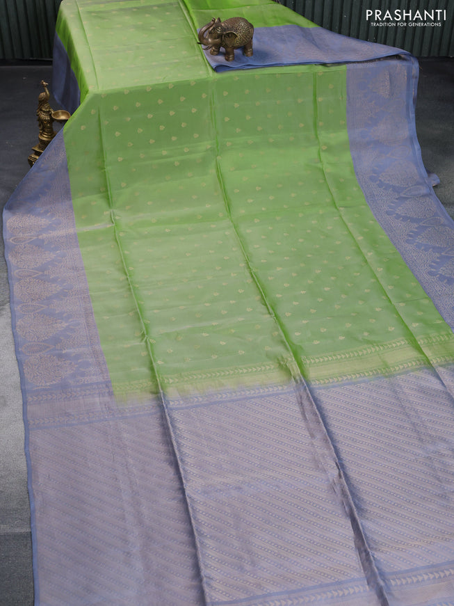 Kanchipuram soft silk saree light green and bluish grey with allover zari woven butta weaves and zari woven border