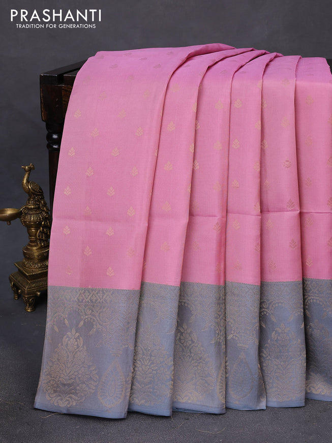 Kanchipuram soft silk saree light pink and grey with allover zari woven butta weaves and zari woven border