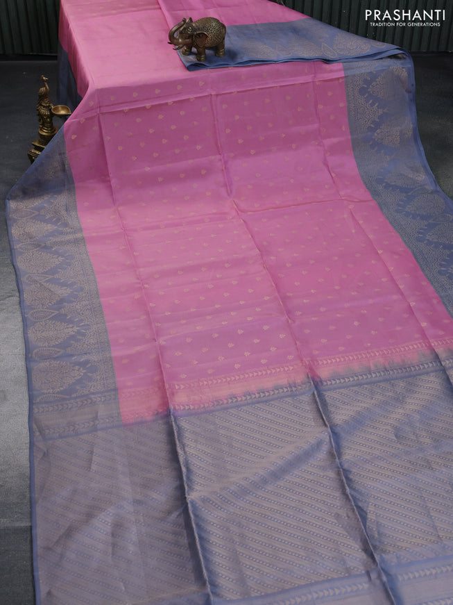 Kanchipuram soft silk saree light pink and grey with allover zari woven butta weaves and zari woven border