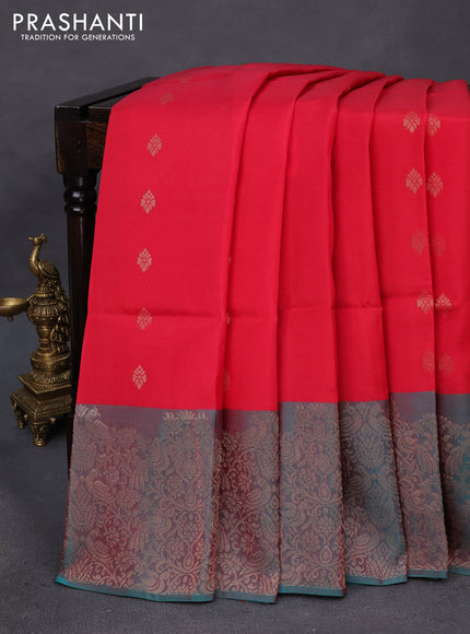 Kanchipuram soft silk saree red and dual shade of teal green with allover zari woven buttas in borderless style