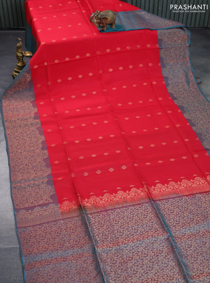 Kanchipuram soft silk saree red and dual shade of teal green with allover zari woven buttas in borderless style