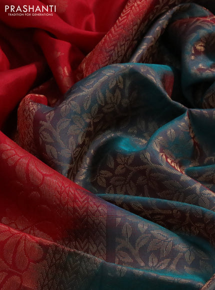 Kanchipuram soft silk saree red and dual shade of teal green with allover zari woven buttas in borderless style