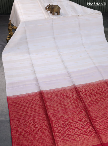 Kanchipuram soft silk saree off white and maroon with allover zari weaves in borderless style