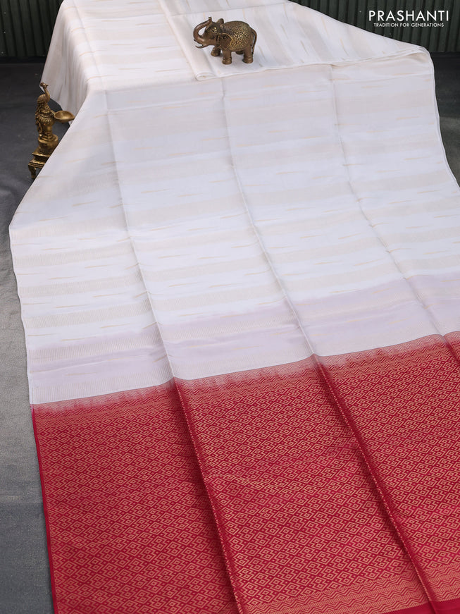 Kanchipuram soft silk saree off white and maroon with allover zari weaves in borderless style