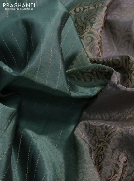 Kanchipuram soft silk saree pastel green and grey with allover zari stripe weaves and long zari woven border