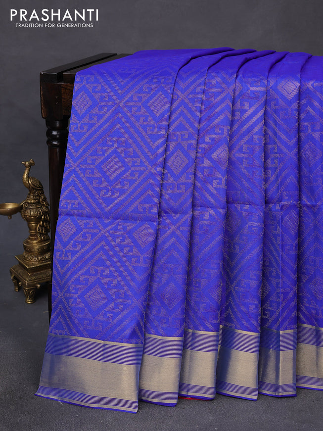 Kanchipuram soft silk saree royal blue and pink with allover zari woven brocade weaves and zari woven border