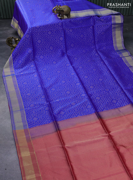 Kanchipuram soft silk saree royal blue and pink with allover zari woven brocade weaves and zari woven border