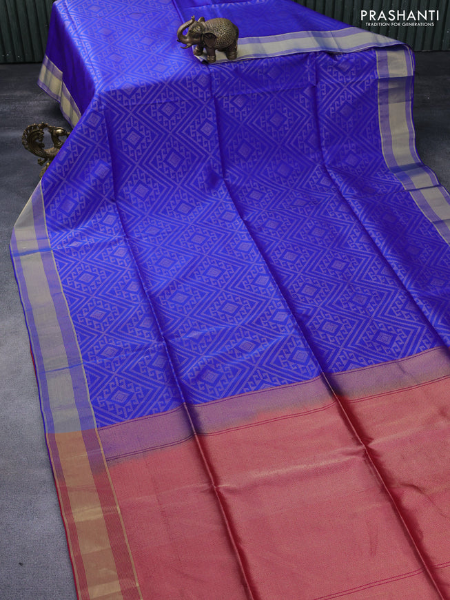 Kanchipuram soft silk saree royal blue and pink with allover zari woven brocade weaves and zari woven border