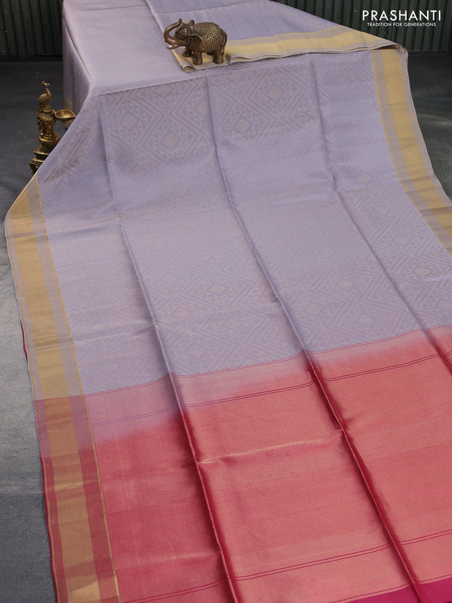 Kanchipuram soft silk saree grey and pink with allover zari woven brocade weaves and zari woven border