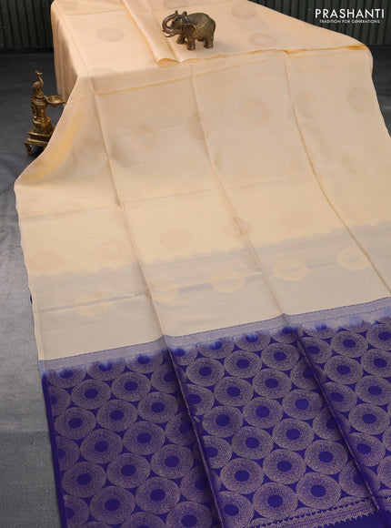 Kanchipuram soft silk saree sandal and blue with zari woven buttas in borderless style